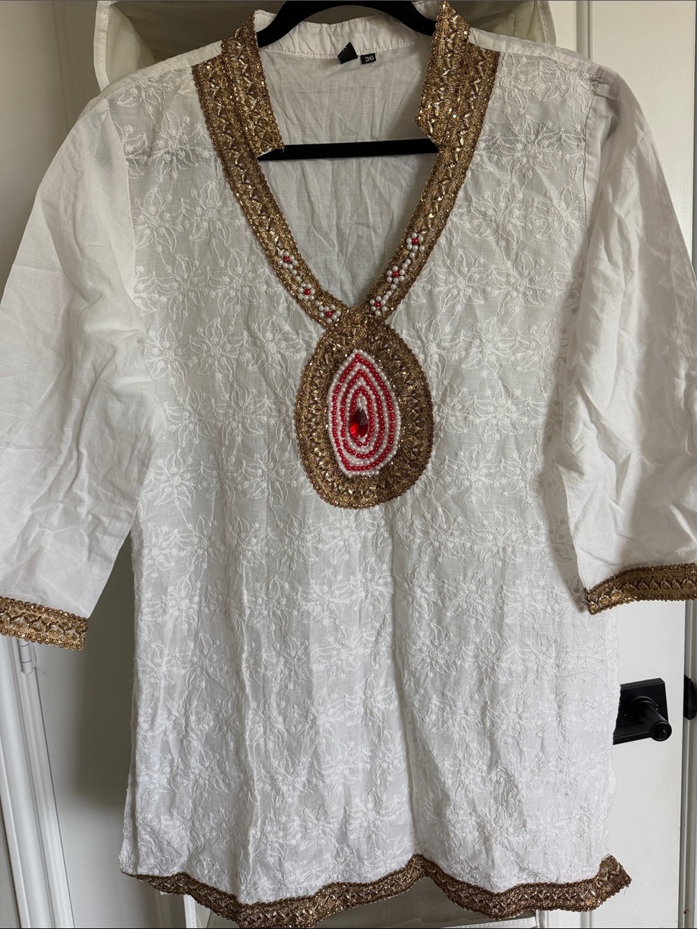White Embroidered Oversized Tunic with Gold & Red Beaded Neckline